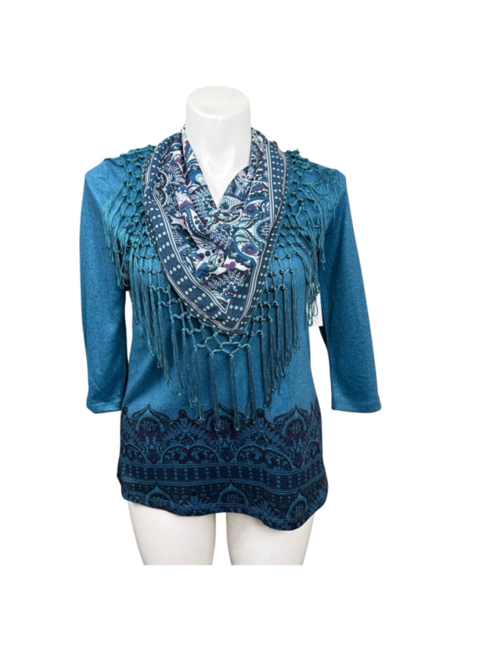 One World Teal Fringe Scarf‎ Top Size Small Boho Western Tassel NWT